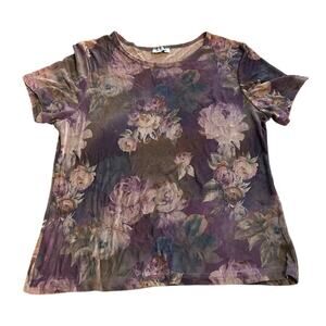 Vtg Floral Purple Green Short Sleeve Top Womens Large Stretch Whimsigoth Fairy